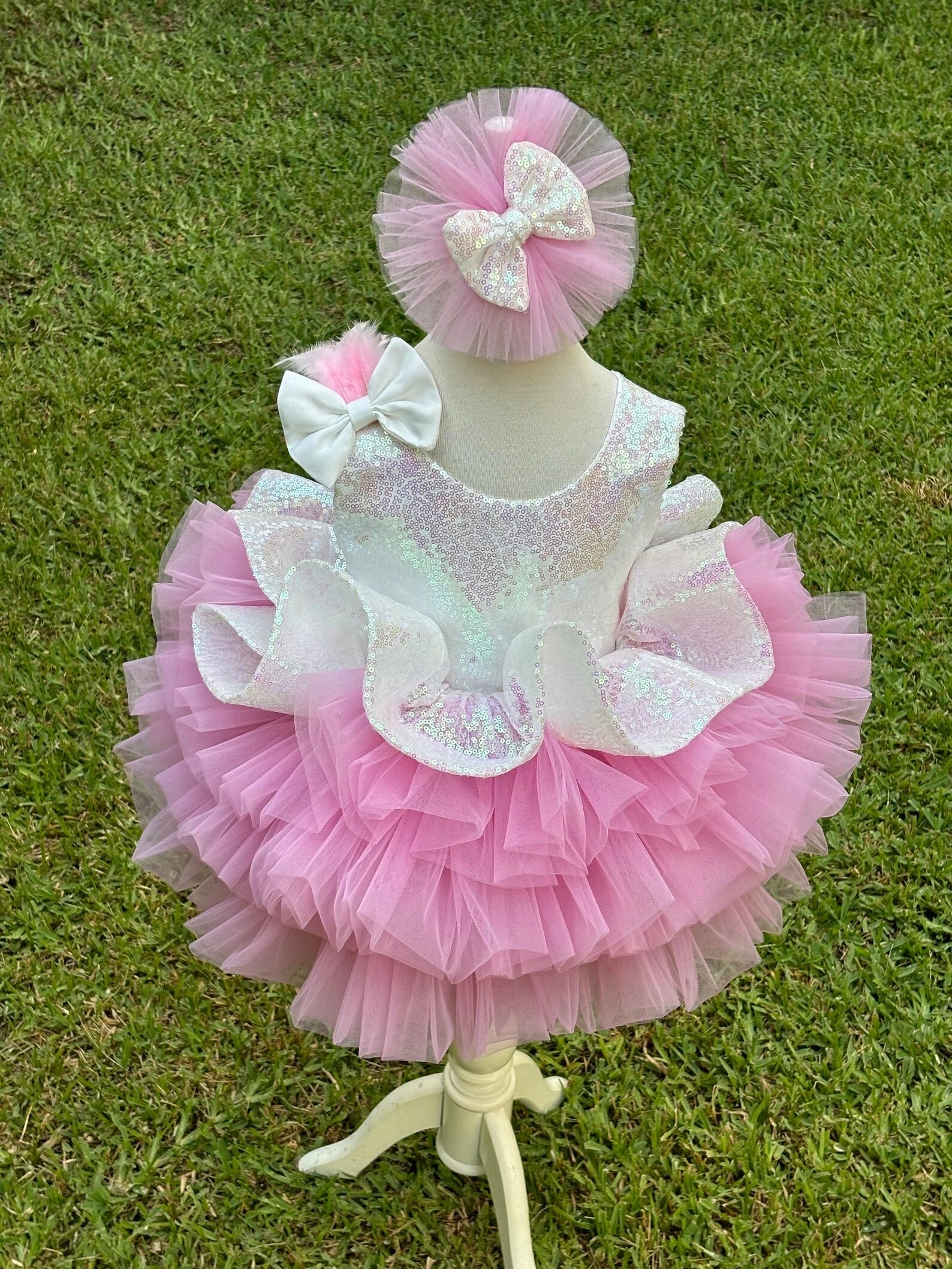 Beyaz Pembe Payetli Kız Çocuk Abiye – kız çocuk elbisesi