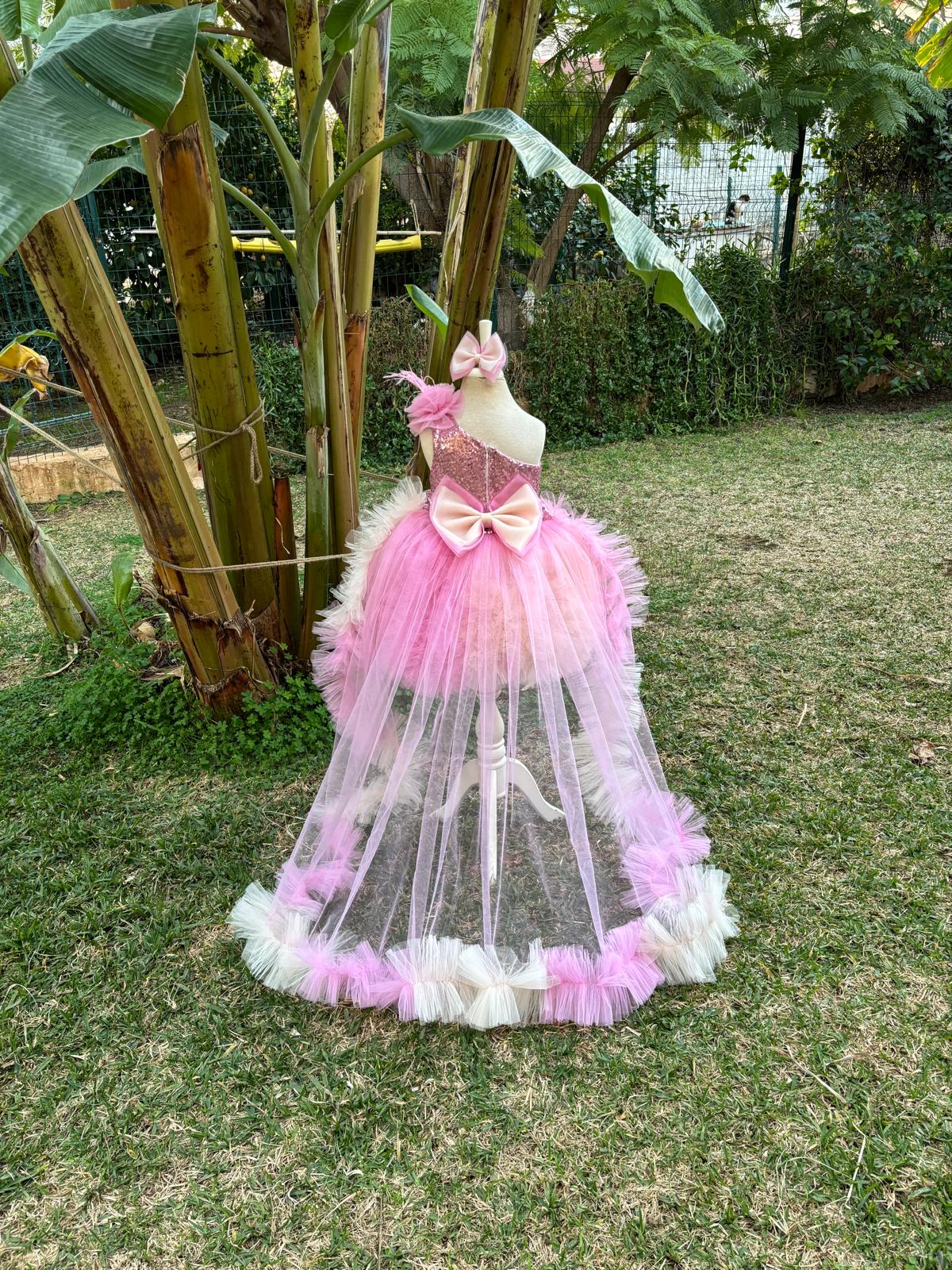 Pembe Bej Tütülü Kız Çocuk Abiye - Bebek Parti Kostümü - ipeqakids – kız çocuk elbisesi