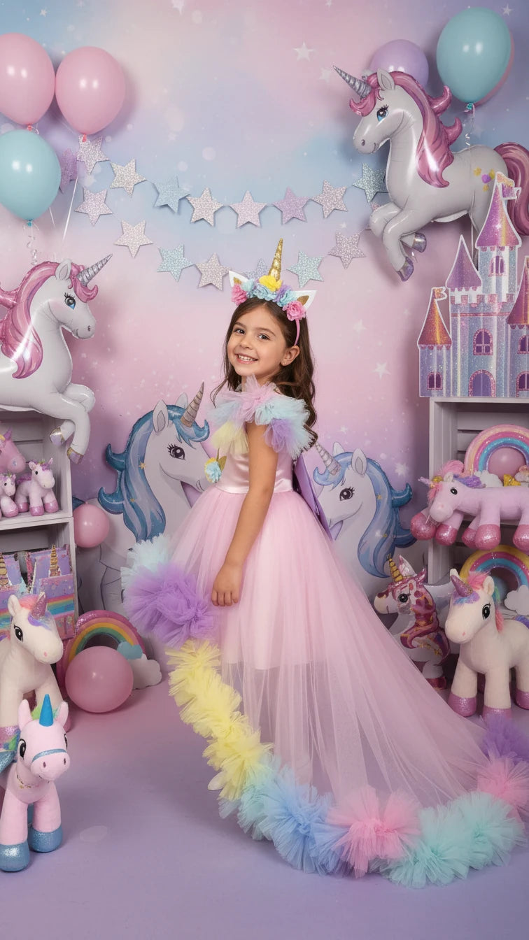 Unicorn Temalı Uzun Kuyruklu Doğumgünü Parti Elbisesi - Bebek Parti Kostümü - ipeqakids – kız çocuk elbisesi