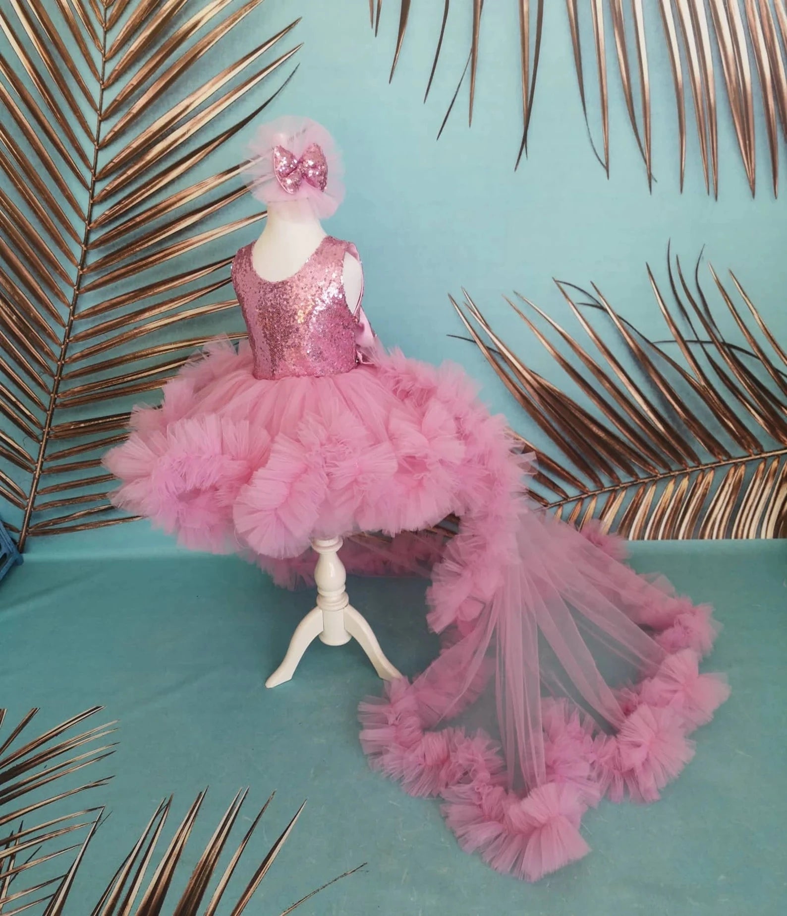 Pembe Kız Çocuk Abiye - Bebek Parti Elbisesi - Kuyruk Seçeneği – kız çocuk elbisesi