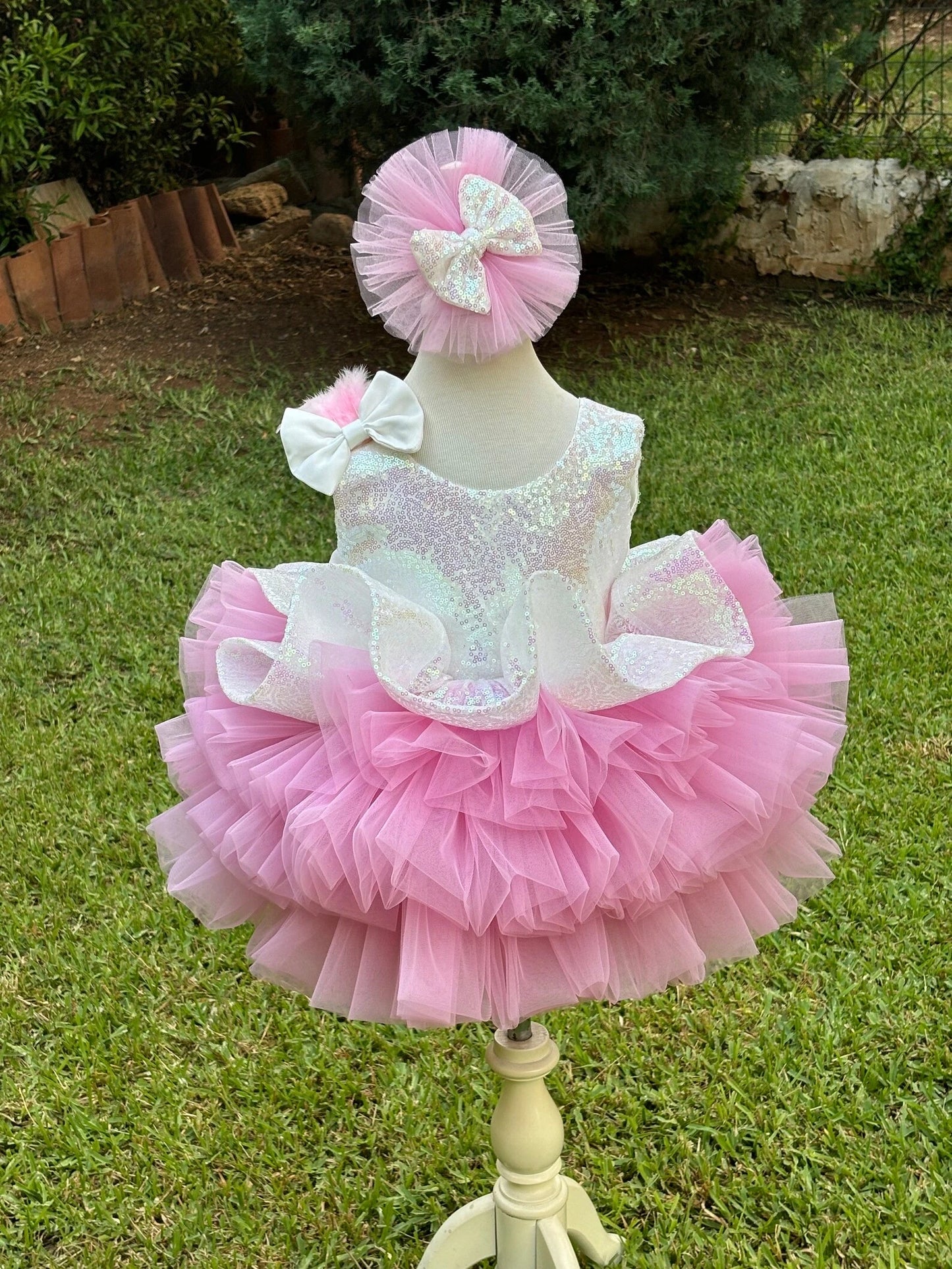Beyaz Pembe Payetli Kız Çocuk Abiye – kız çocuk elbisesi
