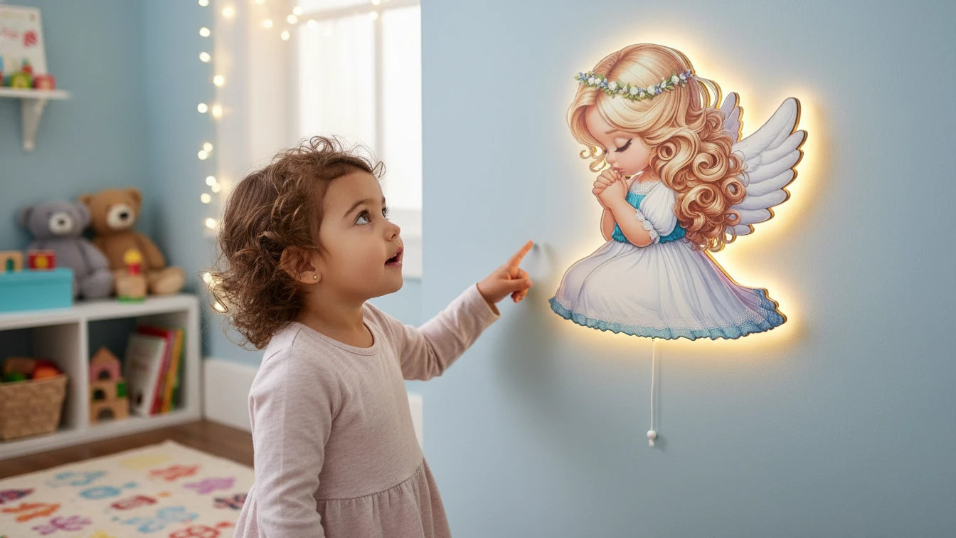 Melek Pilli Led Işıklı Ahşap Duvar Dekoru – kız çocuk elbisesi