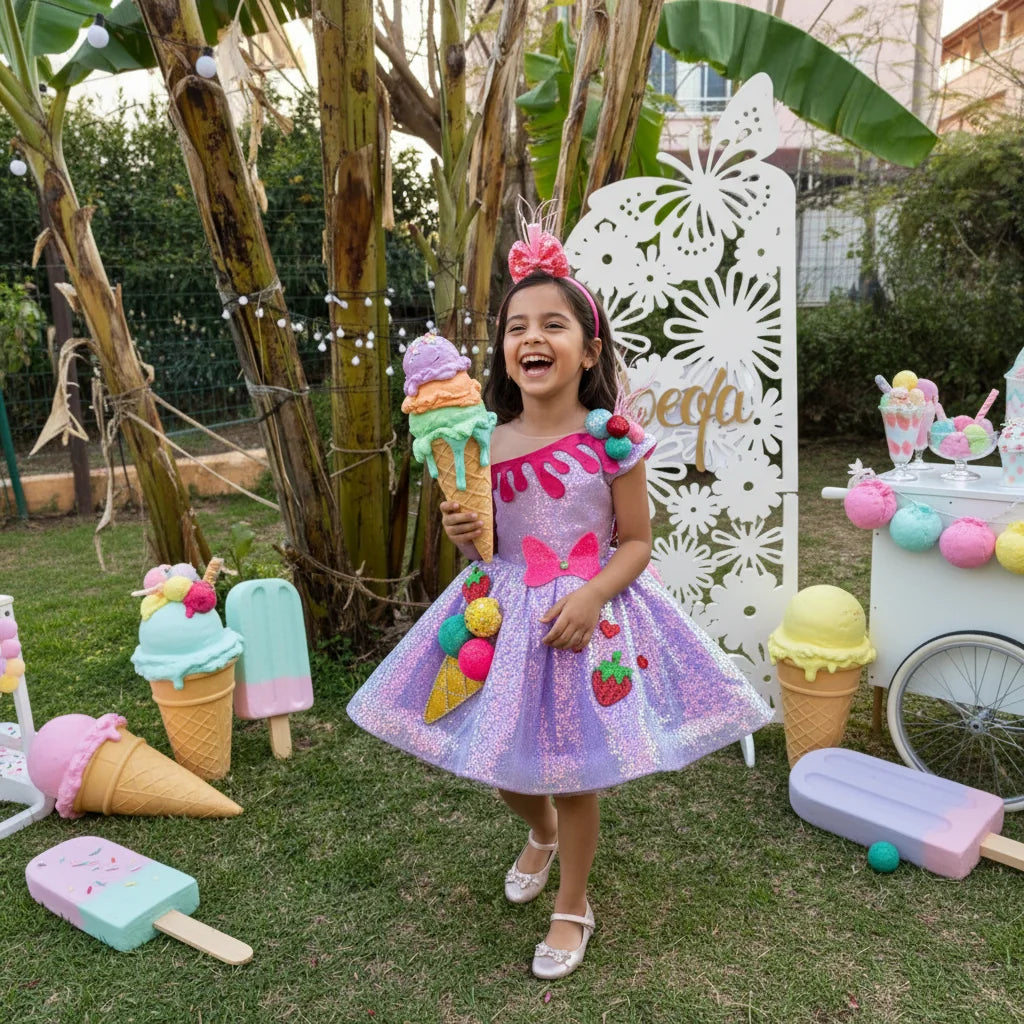 Dondurma Çilek Temalı Kız Çocuk Abiye - Bebek Parti Kostümü - ipeqakids – kız çocuk elbisesi