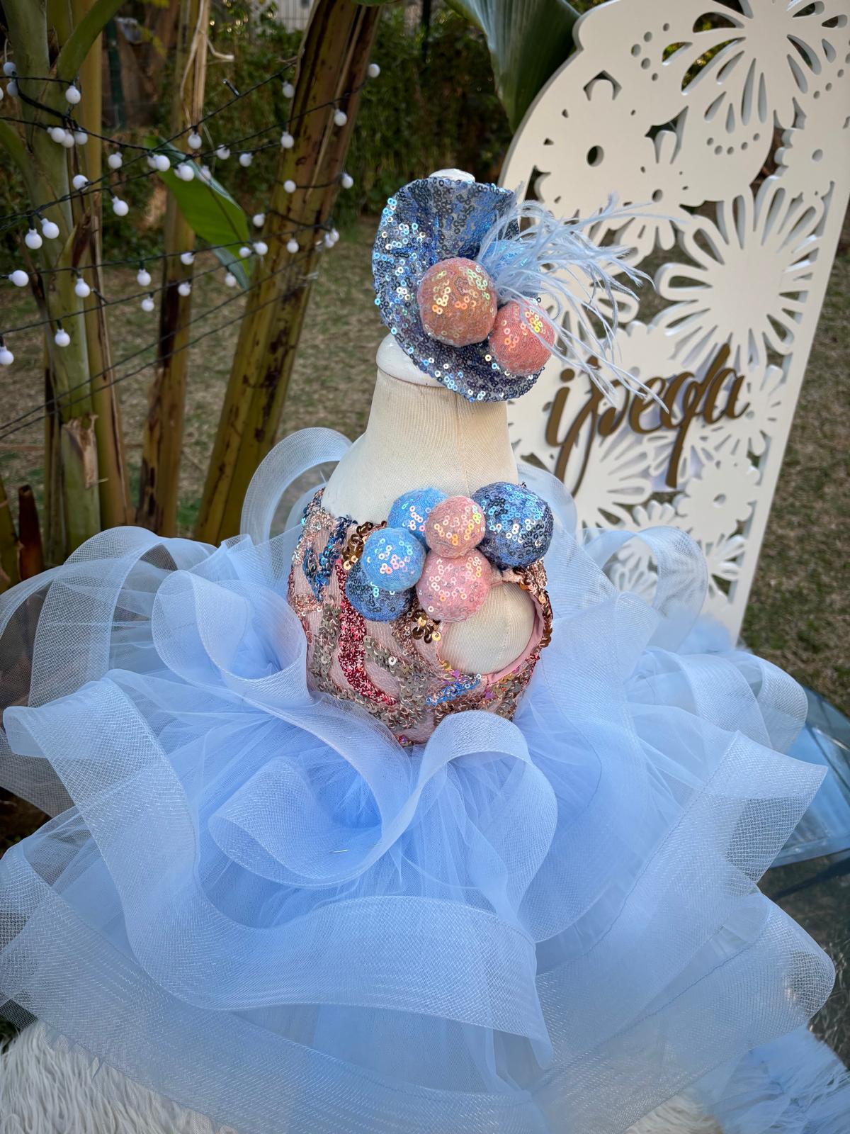 Mavi Somon Ponponlu Kız Çocuk Abiye - Bebek Parti Kostümü - ipeqakids – kız çocuk elbisesi