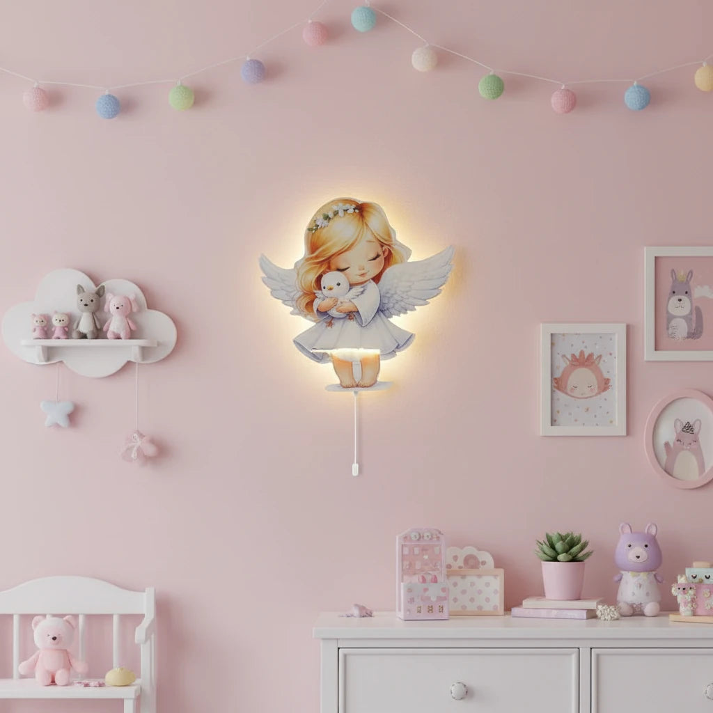 Melek Pilli Led Işıklı Ahşap Duvar Dekoru – kız çocuk elbisesi