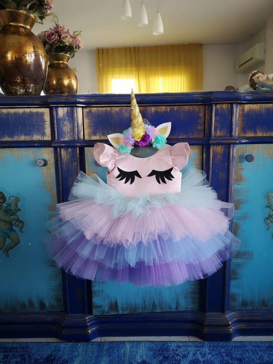 Kısa Unicorn Elbise - Kız Çocuk Abiye - Bebek Doğum Günü Elbisesi - ipeqakids – kız çocuk elbisesi