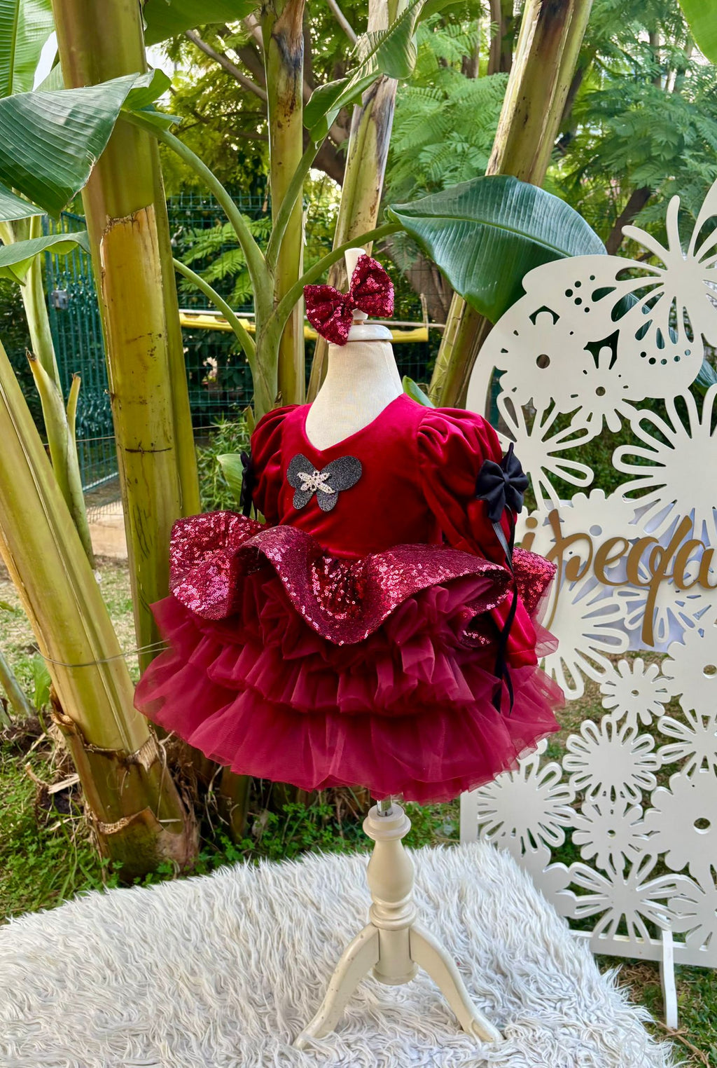 Bordo Kadife Kız Çocuk Abiye - Bebek Doğum Günü Elbisesi - ipeqakids – kız çocuk elbisesi