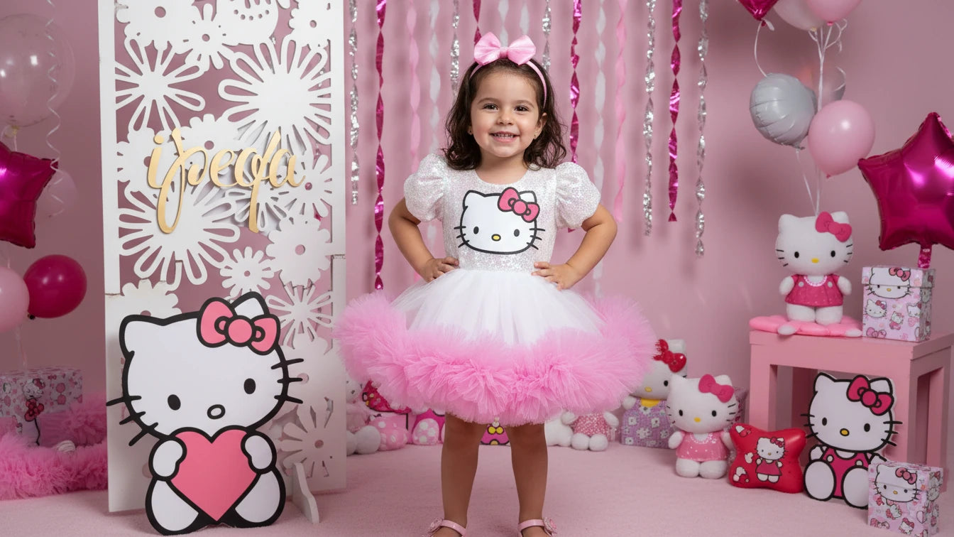 Pembe Hello Kitty Kız Çocuk Abiye - Bebek Doğum Günü Elbisesi - ipeqakids – kız çocuk elbisesi