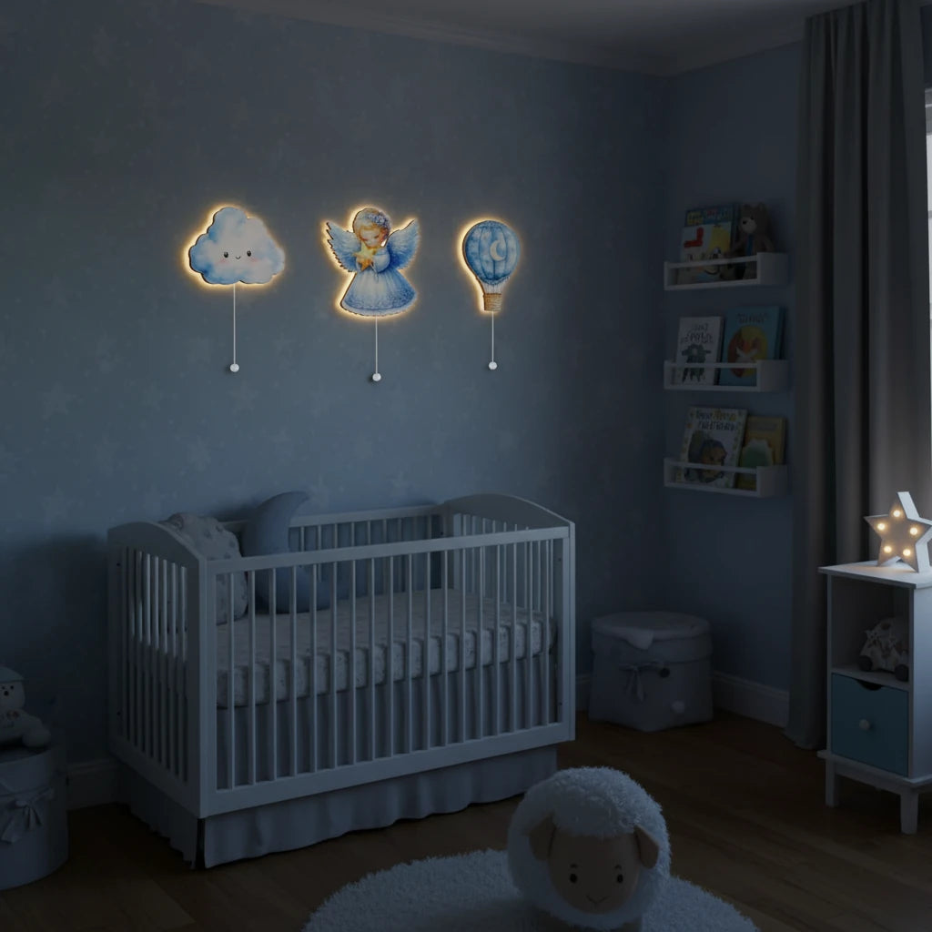 Melek Balon Bulut Seti Pilli Led Işıklı Bebek Odası Ahşap Duvar Dekoru - Gece Lambası – kız çocuk elbisesi
