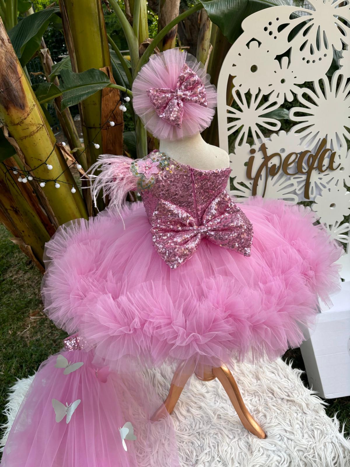 Pembe Kelebekli Gipürlü Kız Çocuk Abiye - Bebek Parti Kostümü - ipeqakids – kız çocuk elbisesi