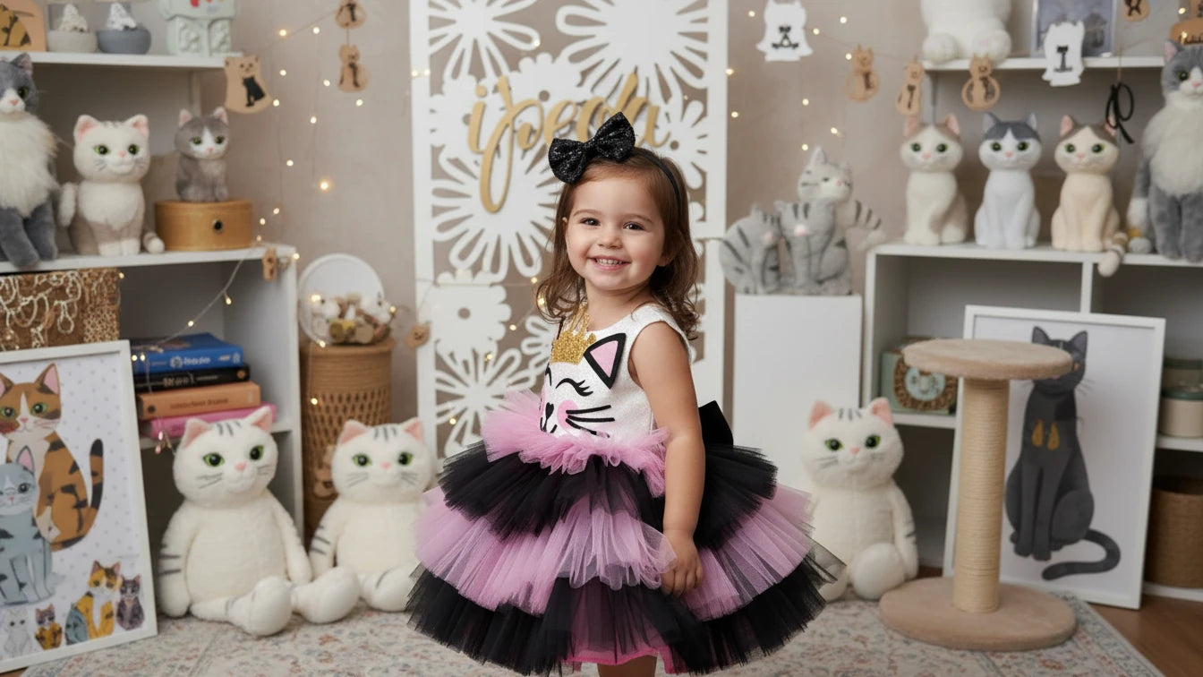 Kedili Kız Çocuk Doğumgünü Elbisesi - Bebek Parti Kostümü - ipeqakids – kız çocuk elbisesi