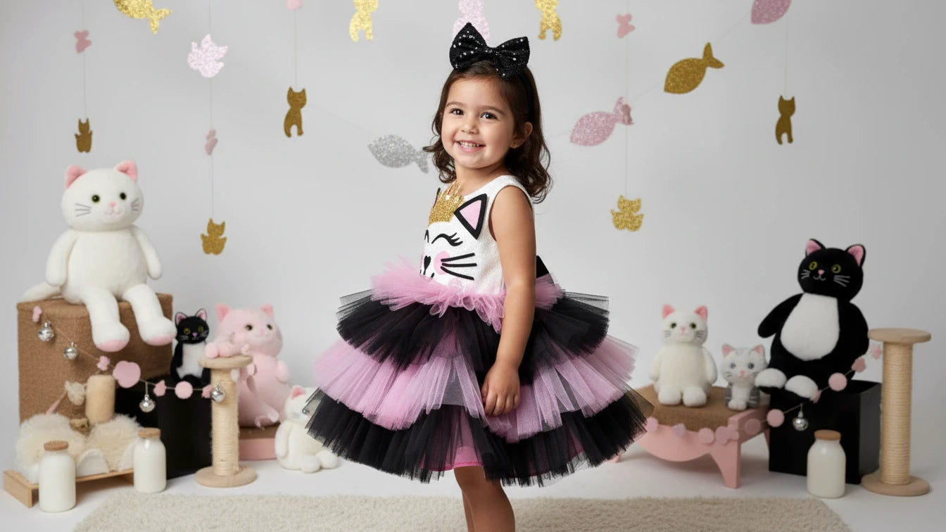 Kedili Kız Çocuk Doğumgünü Elbisesi - Bebek Parti Kostümü - ipeqakids – kız çocuk elbisesi