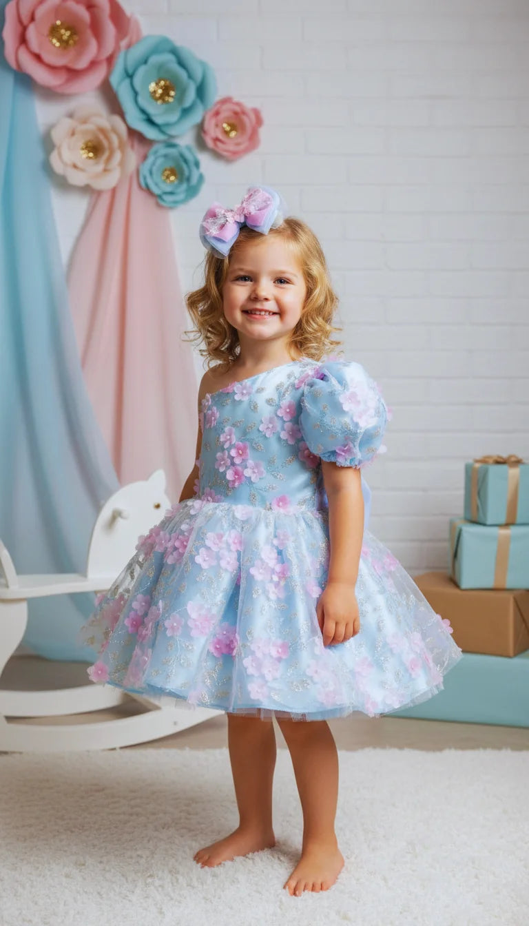 Bebe Mavi Çiçekli Tek Kol Kız Çocuk Abiye - Bebek Doğum Günü Elbisesi - ipeqakids – kız çocuk elbisesi