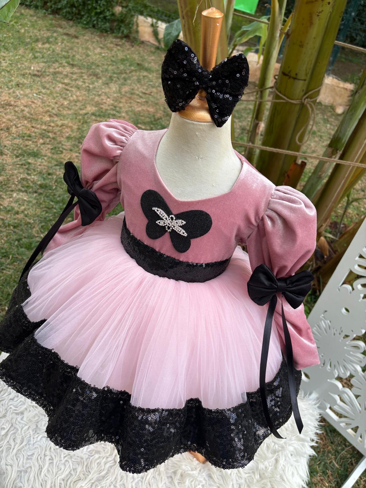 Pudra Kadife ve Payetli Kız Çocuk Abiye - Bebek Doğum Günü Elbisesi - ipeqakids – kız çocuk elbisesi