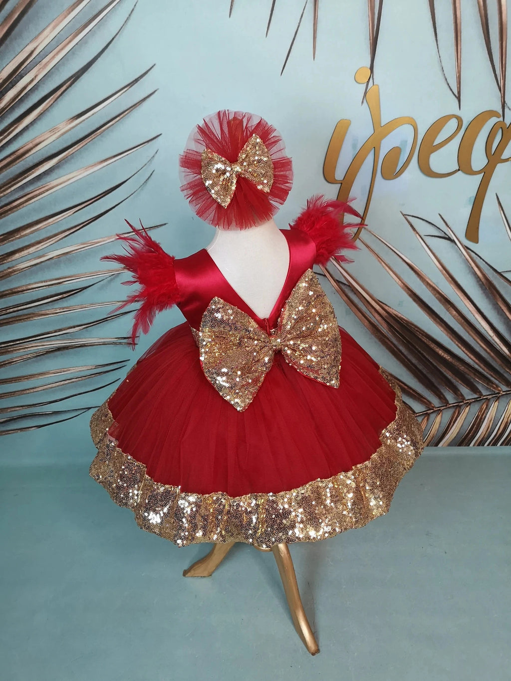 Kırmızı ve Altın Kız Çocuk Abiye - Bebek Parti Elbisesi - ipeqakids – kız çocuk elbisesi