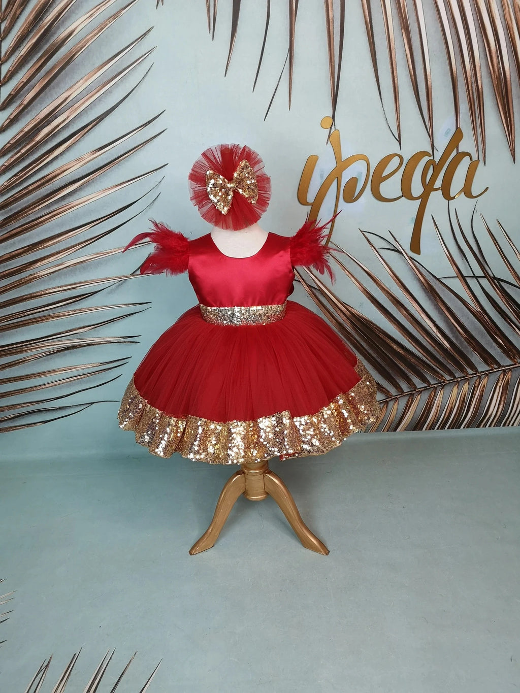 Kırmızı ve Altın Kız Çocuk Abiye - Bebek Parti Elbisesi - ipeqakids – kız çocuk elbisesi