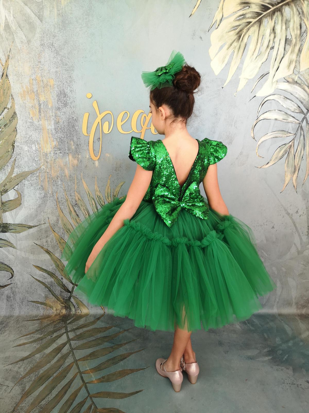 Yılbaşı Yeşil Tütülü Kabarık Kız Çocuk Abiye - Bebek Doğum Günü Elbisesi - ipeqakids – kız çocuk elbisesi