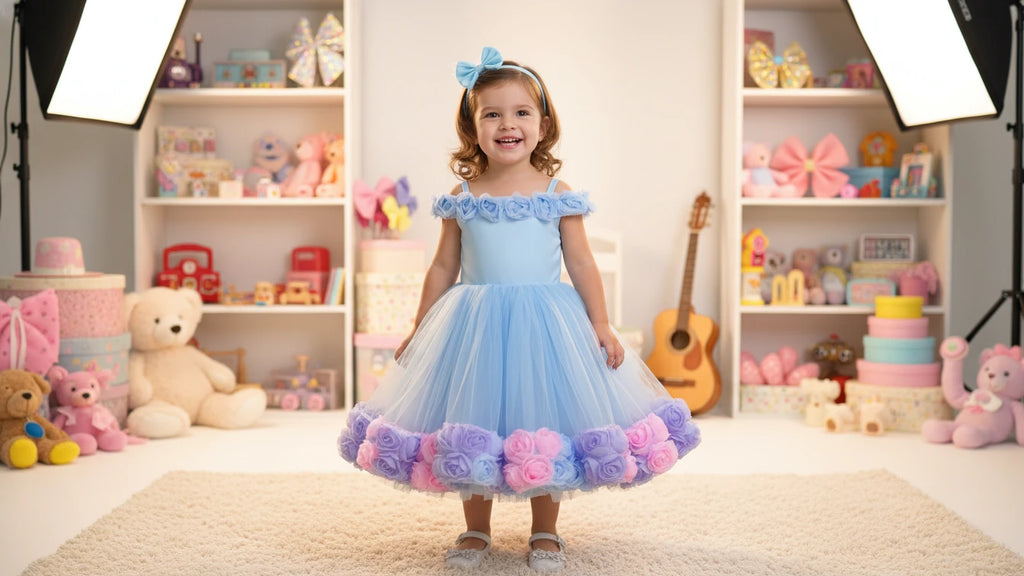 Bebe Mavi Güllü Kız Çocuk Abiye - Bebek Doğum Günü Elbisesi - ipeqakids – kız çocuk elbisesi