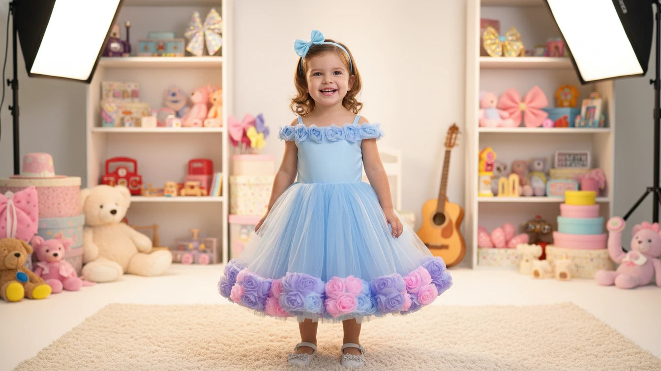 Bebe Mavi Güllü Kız Çocuk Abiye - Bebek Doğum Günü Elbisesi - ipeqakids – kız çocuk elbisesi