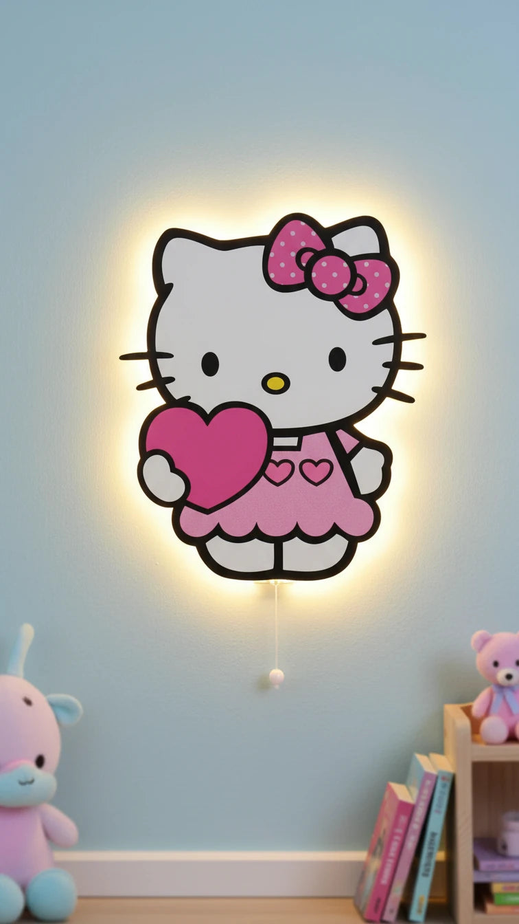 Hello Kitty Pilli Led Işıklı Bebek Odası Ahşap Duvar Dekoru - Gece Lambası – kız çocuk elbisesi