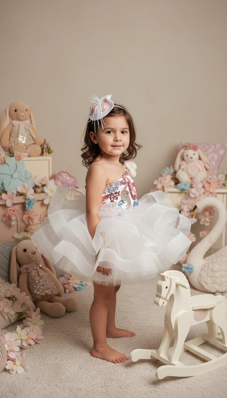 Beyaz Somon Ponponlu Kız Çocuk Abiye - Bebek Parti Kostümü - ipeqakids – kız çocuk elbisesi