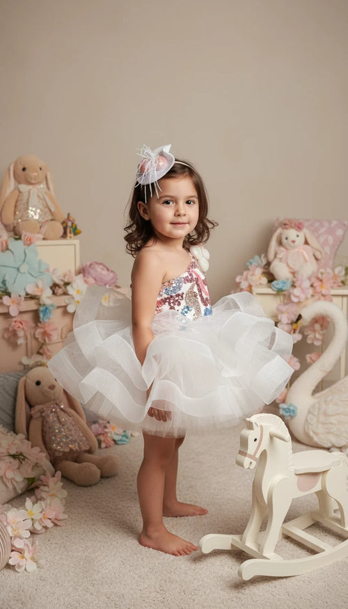 Beyaz Somon Ponponlu Kız Çocuk Abiye - Bebek Parti Kostümü - ipeqakids – kız çocuk elbisesi