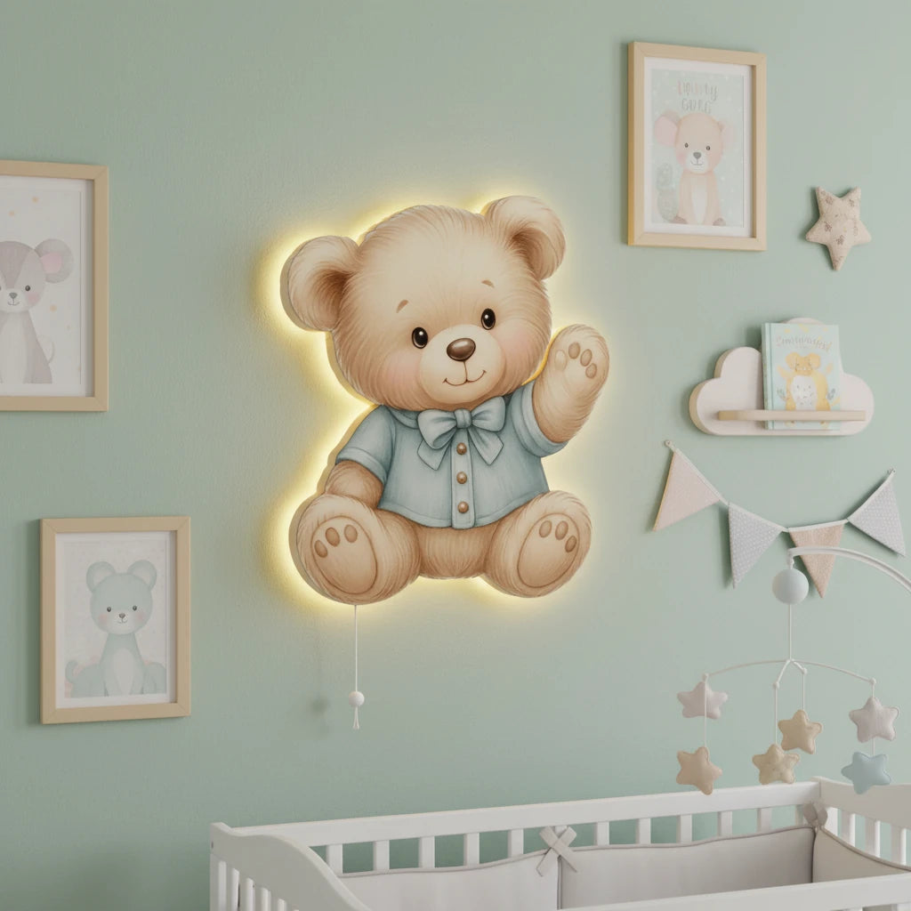 Ayıcık Tedy Bear Pilli Led Işıklı Bebek Odası Ahşap Duvar Dekoru - Gece Lambası – kız çocuk elbisesi