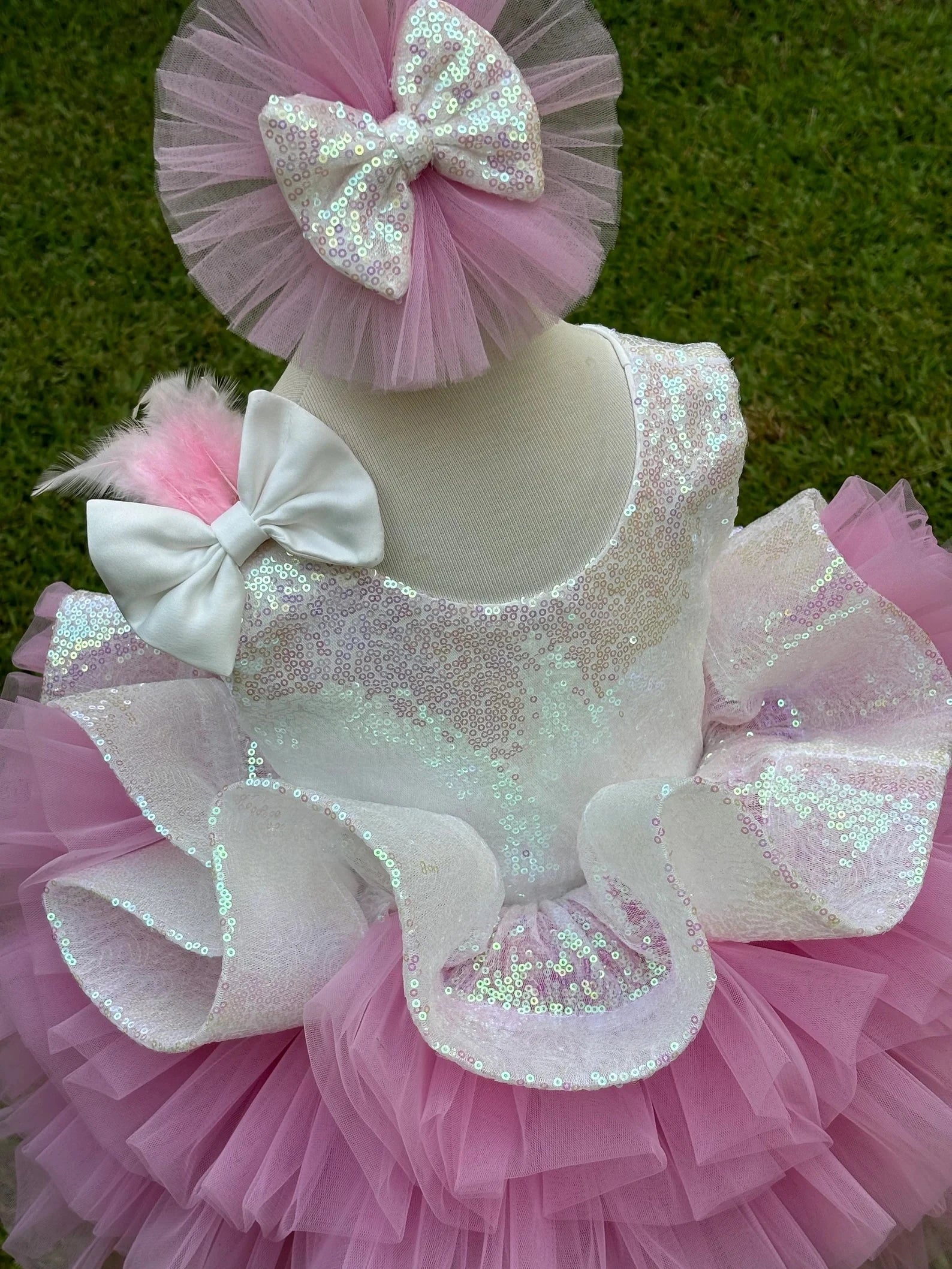 Beyaz Pembe Payetli Kız Çocuk Abiye – kız çocuk elbisesi