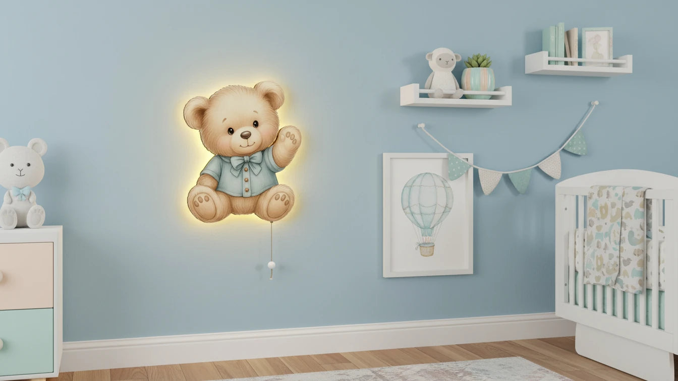 Ayıcık Tedy Bear Pilli Led Işıklı Bebek Odası Ahşap Duvar Dekoru - Gece Lambası – kız çocuk elbisesi
