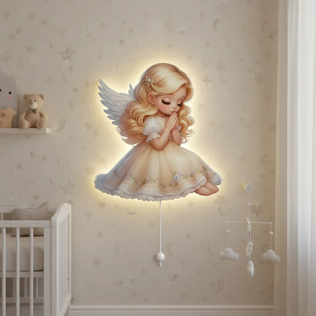 Melek Pilli Led Işıklı Ahşap Duvar Dekoru – kız çocuk elbisesi