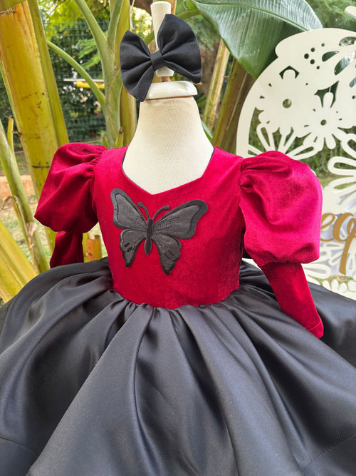 Bordo Kadife Kelebek Aplikli Kız Çocuk Abiye - Bebek Doğum Günü Elbisesi - ipeqakids – kız çocuk elbisesi