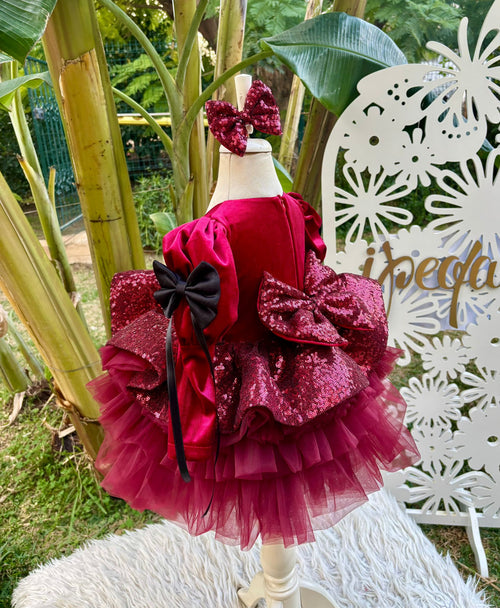 Bordo Kadife Kız Çocuk Abiye - Bebek Doğum Günü Elbisesi - ipeqakids – kız çocuk elbisesi