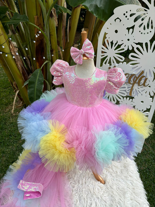 Pembe Payetli Unicorn Temalı Kız Çocuk Abiye - Bebek Doğum Günü Elbisesi - ipeqakids – kız çocuk elbisesi