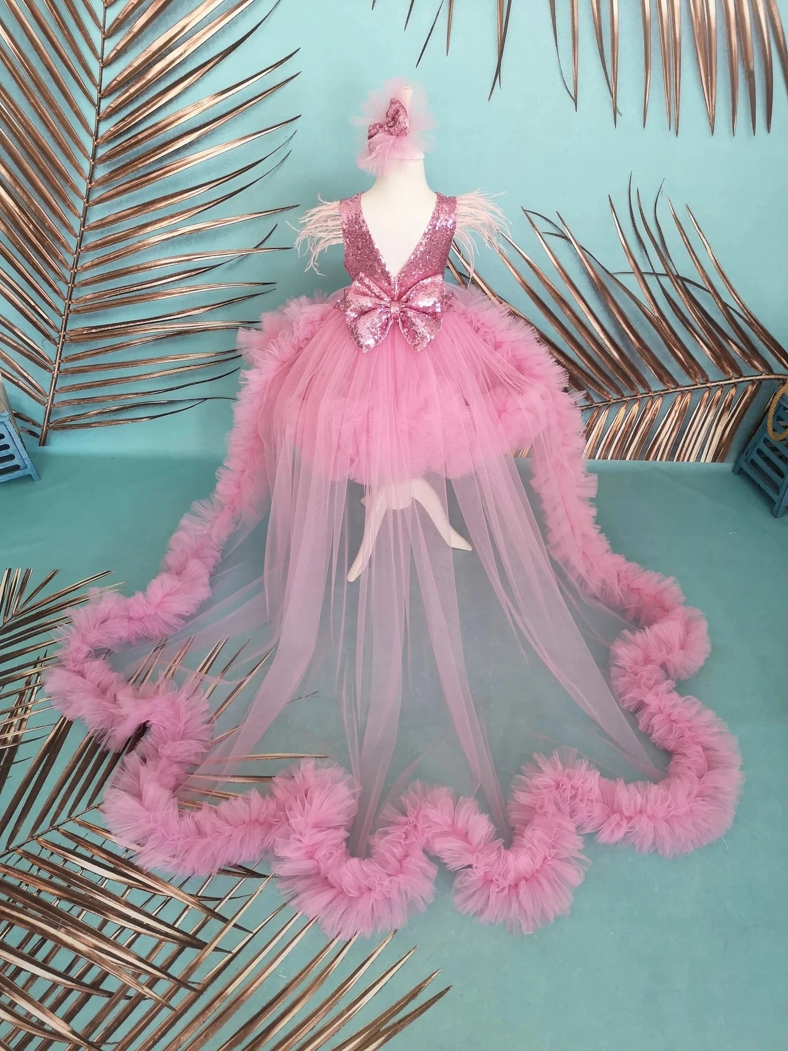 Pembe Kız Çocuk Abiye - Bebek Parti Elbisesi - Kuyruk Seçeneği – kız çocuk elbisesi