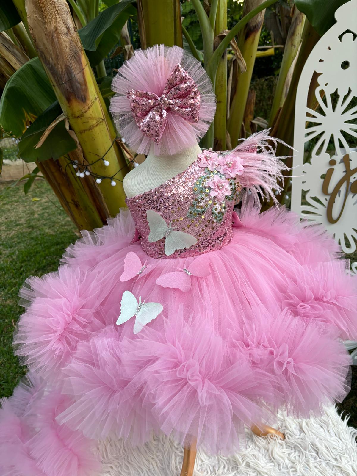 Pembe Kelebekli Gipürlü Kız Çocuk Abiye - Bebek Parti Kostümü - ipeqakids – kız çocuk elbisesi