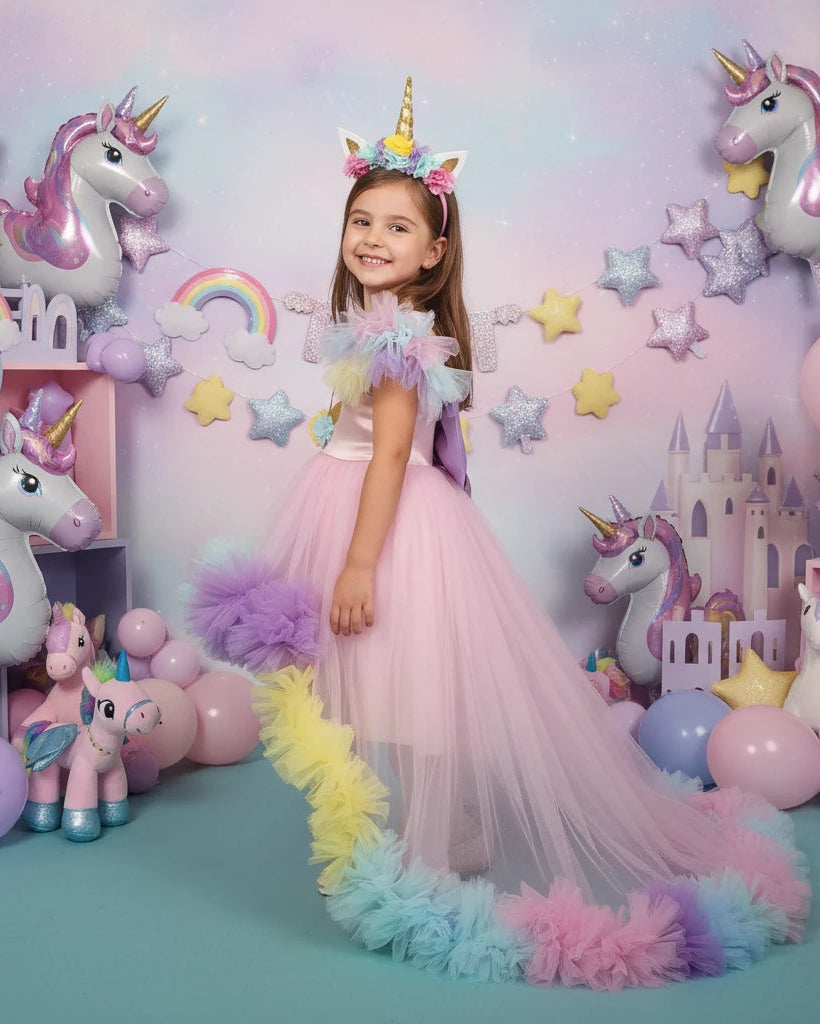 Unicorn Temalı Uzun Kuyruklu Doğumgünü Parti Elbisesi - Bebek Parti Kostümü - ipeqakids – kız çocuk elbisesi