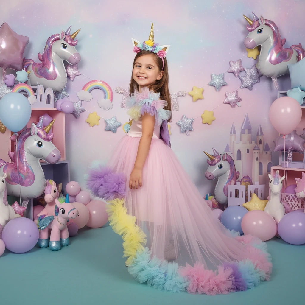 Unicorn Temalı Uzun Kuyruklu Doğumgünü Parti Elbisesi - Bebek Parti Kostümü - ipeqakids – kız çocuk elbisesi