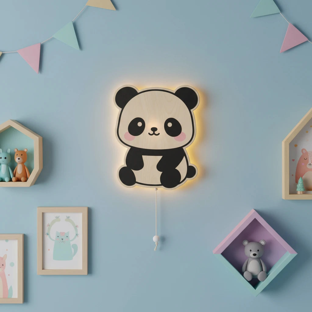 Panda Pilli Led Işıklı Ahşap Duvar Dekoru – kız çocuk elbisesi
