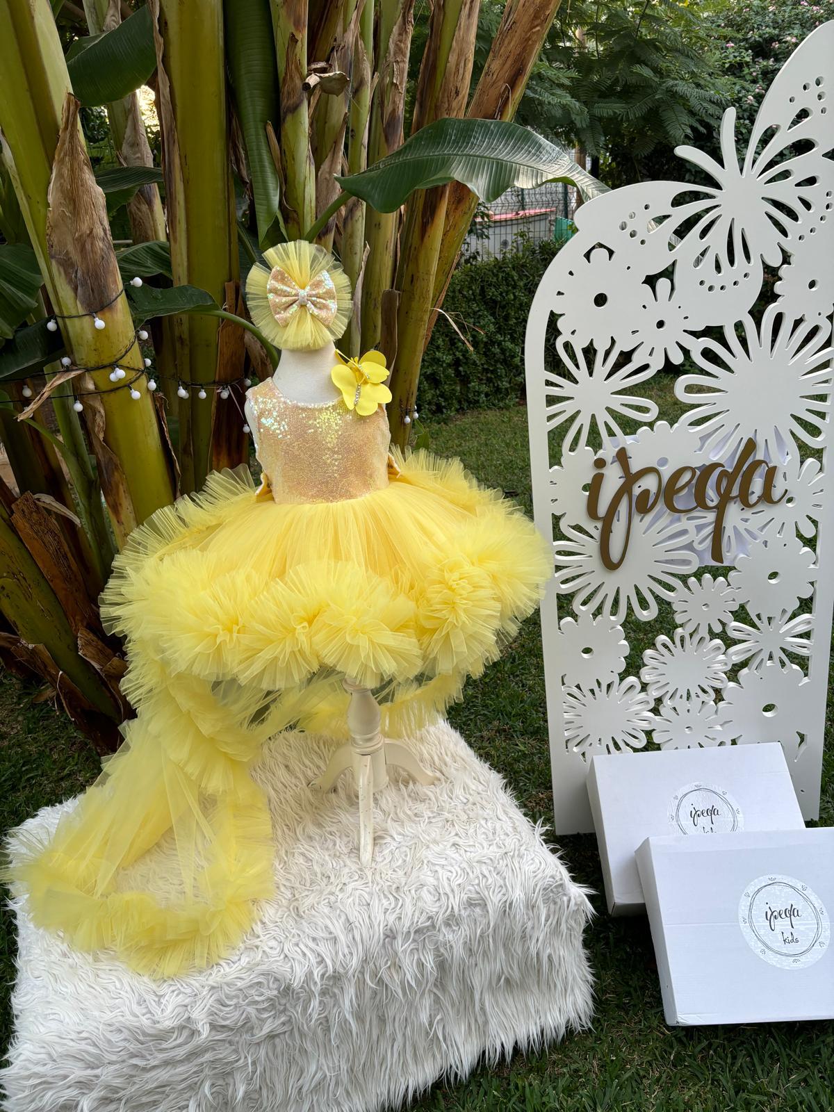 Sarı Kelebekli Kız Çocuk Abiye - Bebek Doğum Günü Elbisesi - ipeqakids – kız çocuk elbisesi