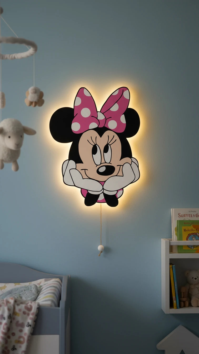 Minnie Mouse Pilli Led Işıklı Bebek Odası Ahşap Duvar Dekoru - Gece Lambası – kız çocuk elbisesi