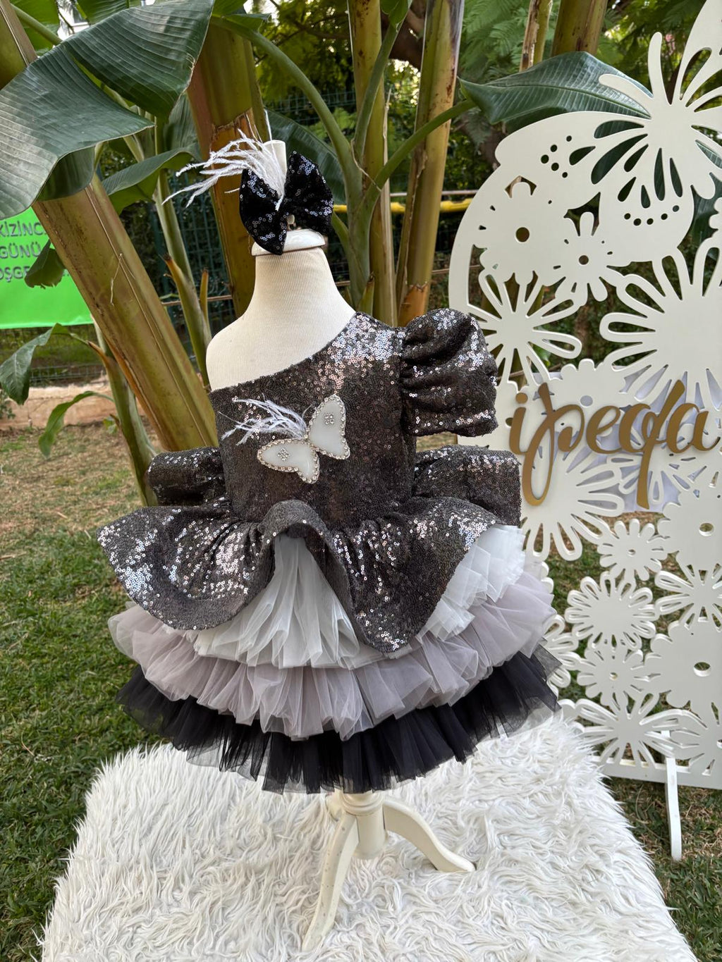 Antrasit Payetli Kız Çocuk Abiye - Bebek Doğum Günü Elbisesi - ipeqakids – kız çocuk elbisesi