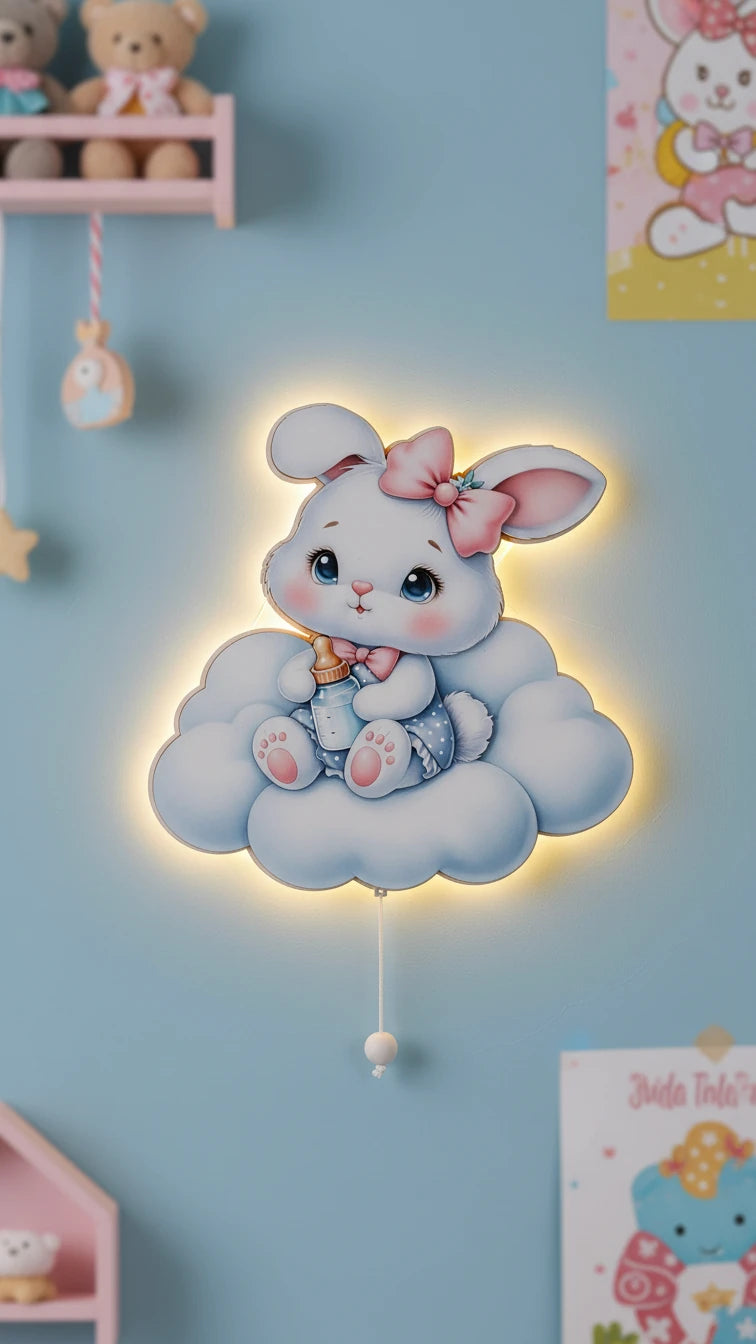 Tavşan Pilli Led Işıklı Ahşap Duvar Dekoru – kız çocuk elbisesi