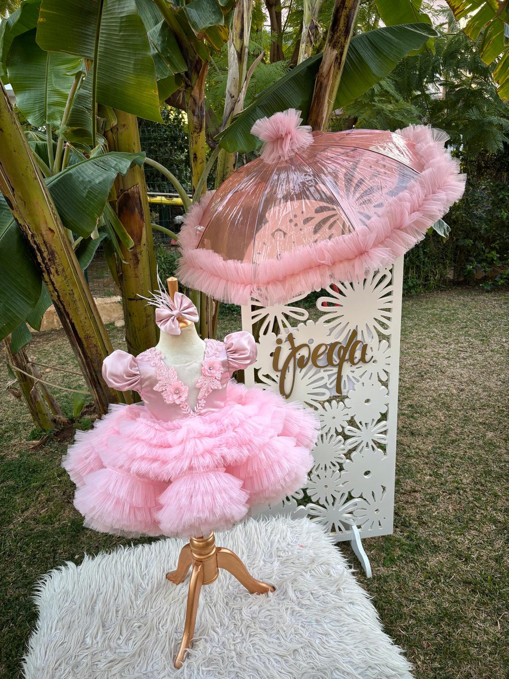 Pudra Pembe Tüllü Gipürlü Kız Çocuk Abiye - Bebek Parti Kostümü - ipeqakids – kız çocuk elbisesi