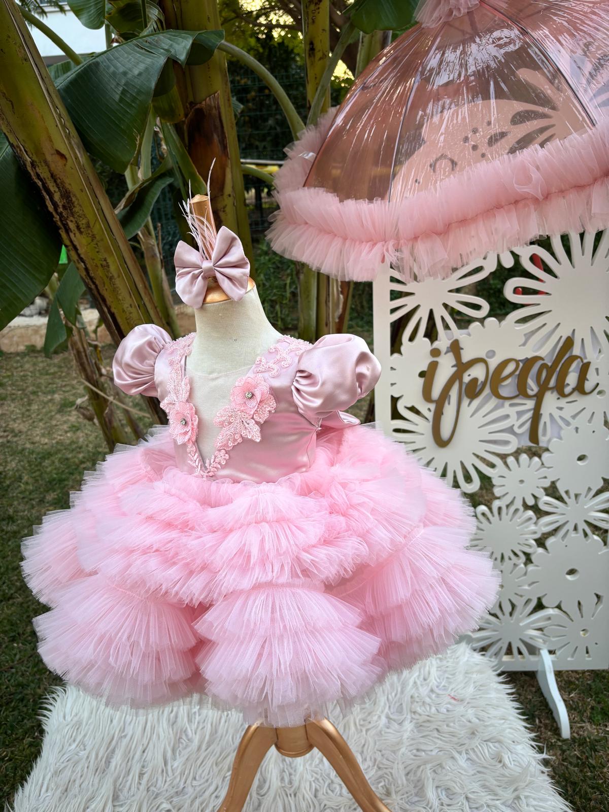 Pudra Pembe Tüllü Gipürlü Kız Çocuk Abiye - Bebek Parti Kostümü - ipeqakids – kız çocuk elbisesi