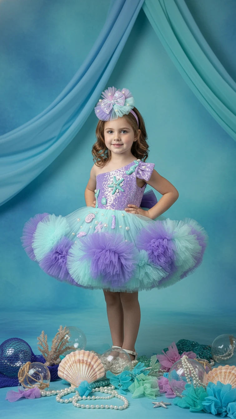 Deniz kızı Temalı Yeşil Lila Doğumgünü Parti Elbisesi - Bebek Parti Kostümü - ipeqakids – kız çocuk elbisesi