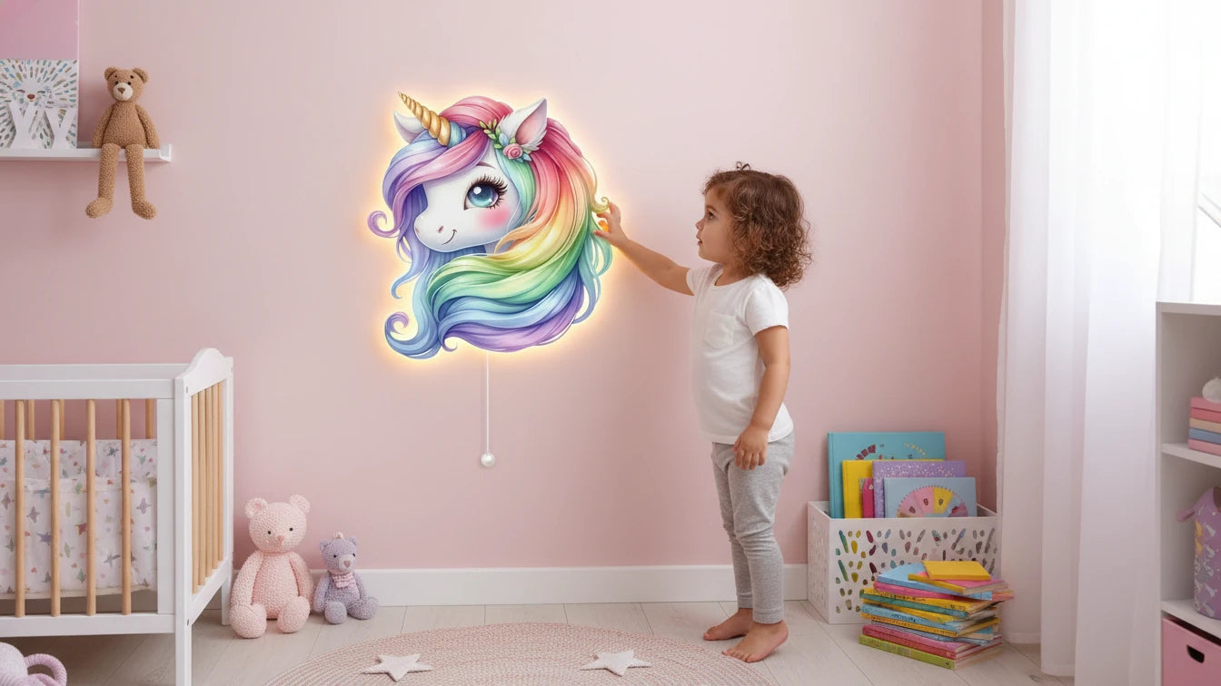 Unicorn Pilli Led Işıklı Bebek Odası Ahşap Duvar Dekoru - Gece Lambası – kız çocuk elbisesi