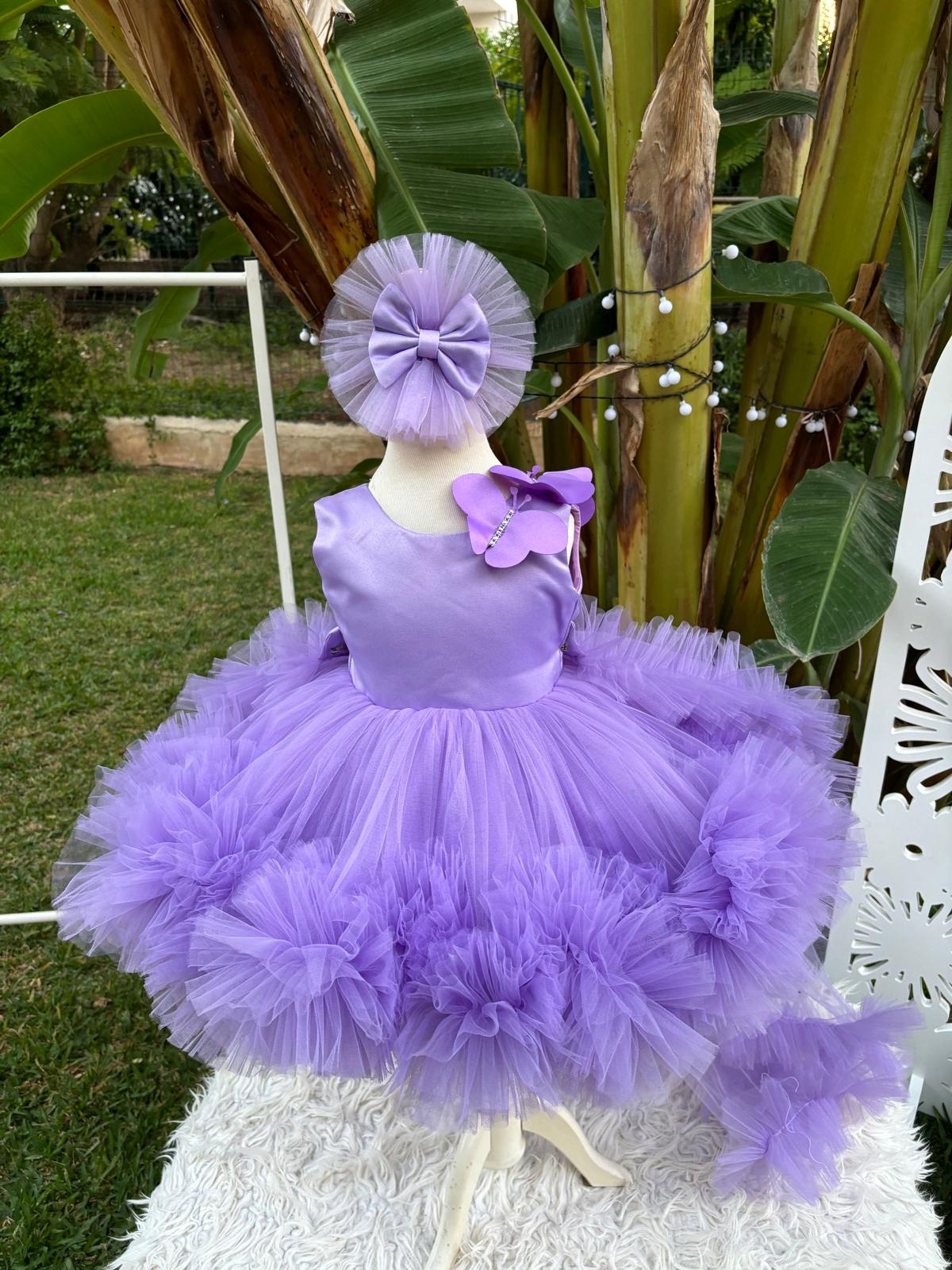 Lila Kelebekli Kız Çocuk Abiye - Bebek Doğum Günü Elbisesi - ipeqakids – kız çocuk elbisesi