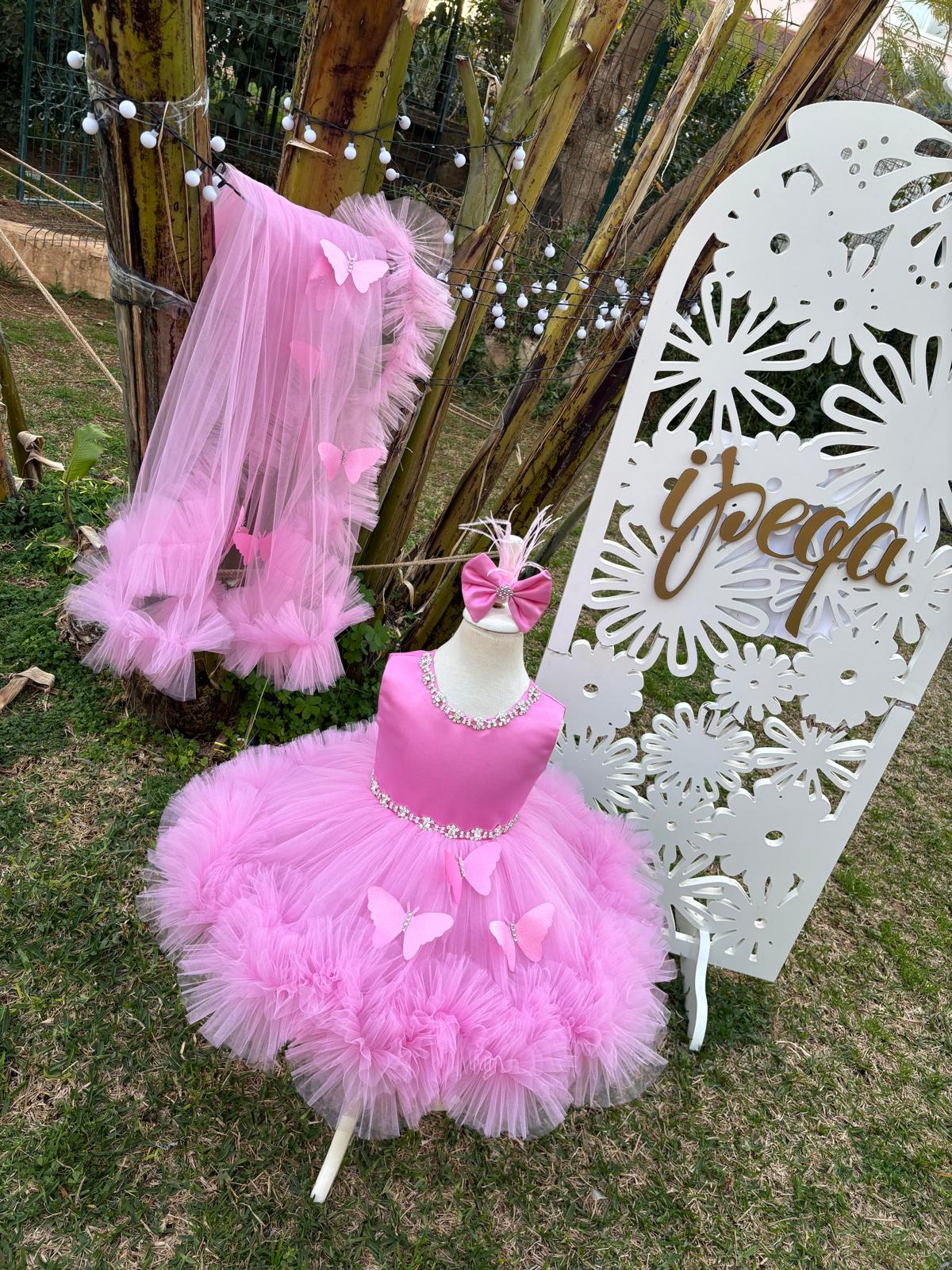 Pembe Kelebekli Taşlı Kız Çocuk Abiye - Bebek Parti Kostümü - ipeqakids – kız çocuk elbisesi