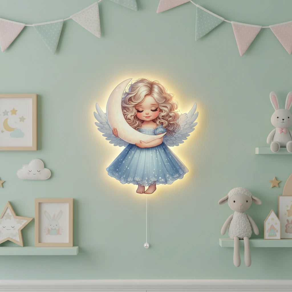 Melek Pilli Led Işıklı Ahşap Duvar Dekoru – kız çocuk elbisesi