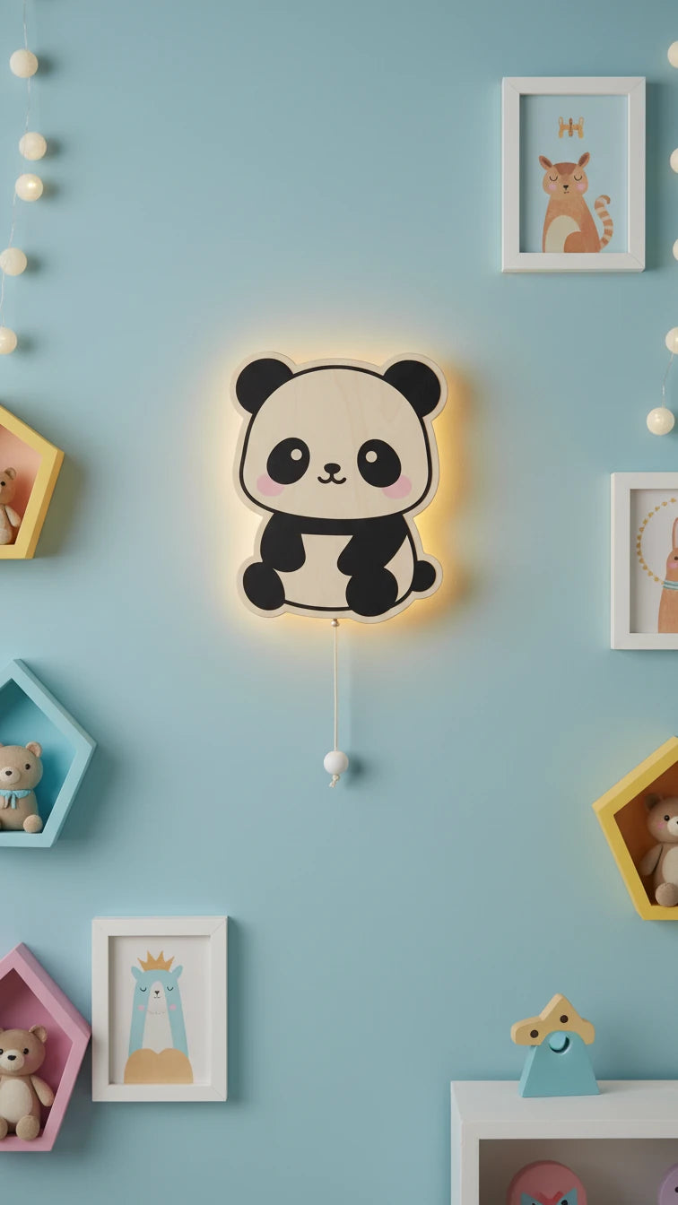 Panda Pilli Led Işıklı Ahşap Duvar Dekoru – kız çocuk elbisesi